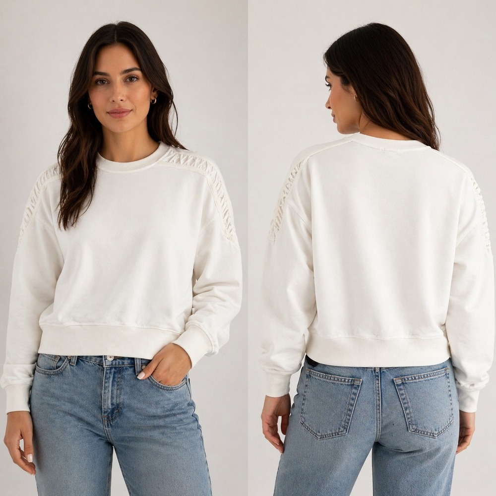 Nike Dri-FIT Cropped Sweatshirt Cream Lattice Shoulder Pullover Womens M - Picture 2 of 9